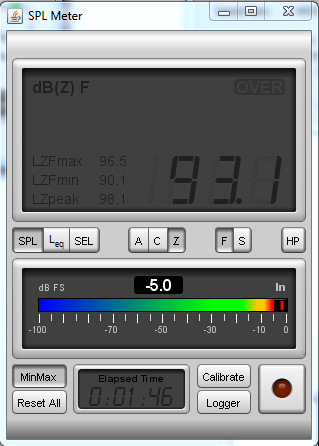 REW SPL meter showing level setting